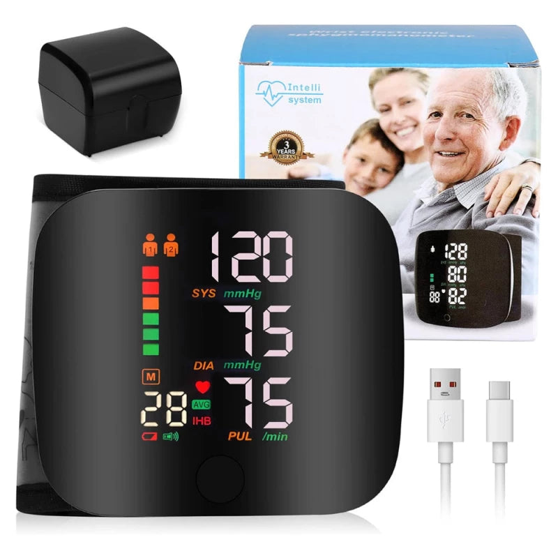 Wrist Blood Pressure Monitor with box, USB charging cable and carrying case